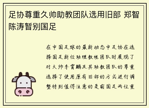 足协尊重久帅助教团队选用旧部 郑智陈涛暂别国足