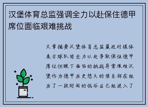 汉堡体育总监强调全力以赴保住德甲席位面临艰难挑战