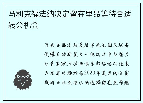 马利克福法纳决定留在里昂等待合适转会机会